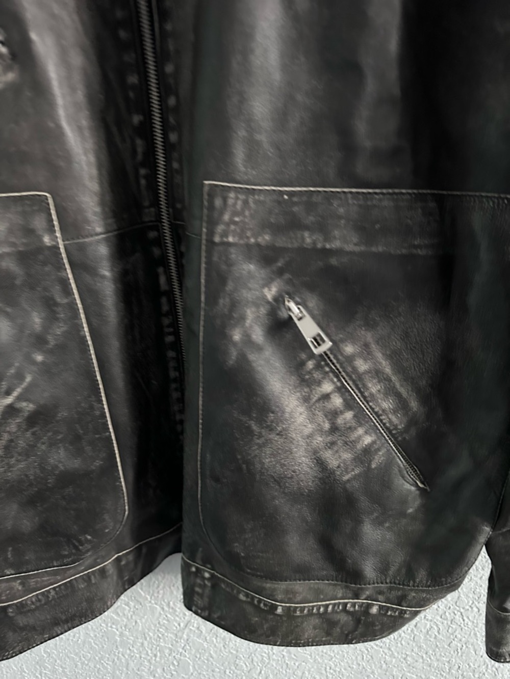 Topshop Real Leather Distressed Black Jacket Oversized Zip Utility Moto Size 12 - Picture 3 of 12